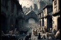 Many cats in abandoned town illustration generative ai