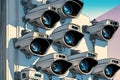 Many CCTV cameras on building wall