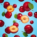 Many fresh cherry plums falling on light blue background Royalty Free Stock Photo