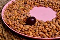 Many cherry stones on a pink plate and one cherry