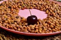 Many cherry stones on a pink plate and one cherry