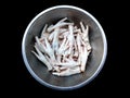 Many chicken feet in steel bowl on black background