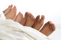 Many children`s feet peeking from under the blanket Royalty Free Stock Photo