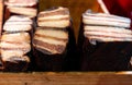 Many Chinese bacon and sausage arranged together for sale in the market. Chinese smoked pork meat.