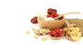 Many chinese medicine herbs ,goji berry, dried jujube, chinese yam, polygonatum  in wooden bowl Royalty Free Stock Photo