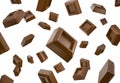 Many chocolate cubes falling down flying in white space
