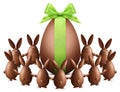 many chocolate easter bunnies with egg and green ribbon bow dancing isolated on white background