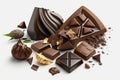Many chocolate pieces isolated on white background, sweet pieces chocolate, generated ai