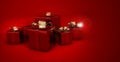 Many Christmas gift packs with elegant and luxurious red metallic paper and golden shimmering bow on red background