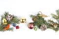 MANY CHRISTMAS ORNAMENTS IN LINE. DECORATIVE ELEMENTS ON WHITE BACKGROUND