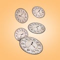 Many clocks falling on pale orange background