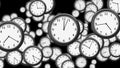 Many Clocks flying in Time-lapse in 3D animation. Time Concept Footage. HD 1080. Looped