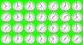 many clocks, time to wake up for breakfast, modern white metallic alarm clock on chroma key green screen background, concept of t