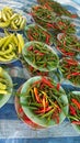 Many cloor hot peppers,chillies in the dish in market.