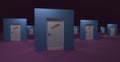 Many closed doors with a sign. Hopelessness, lost opportunities, pessimism concept. 3D render