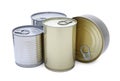 Many closed tin cans on white background