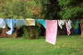 clothes hanging and dressed to dry outdoors on the clothesline Royalty Free Stock Photo