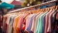 Many cloths on clothing rack in street market.