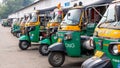 Many CNG based auto rikshaws at taxi stand, Share auto rickshaw is a common and most economical commute in Vijayawada, India Royalty Free Stock Photo