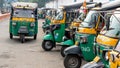 Many CNG based auto rikshaws at taxi stand in Vijayawada, India Royalty Free Stock Photo