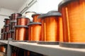 Many coils of copper wire in the production workshop, winding copper cable on spools