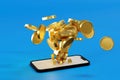 Many coin up rising from smartphone screen, take profit from online e-commerce, 3D rendering