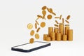 Many coin up rising from smartphone screen to coin stack, take profit from online e-commerce, 3D rendering