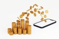 Many coin up rising from smartphone screen to coin stack, take profit from online e-commerce, 3D rendering