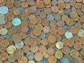 Many coins on floor of temple for lucky in Thailand, Money background