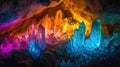 Many color gem glass stalagmite formations inside cave