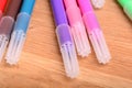 Many color markers on wooden table Royalty Free Stock Photo