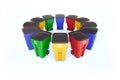 Many color plastic garbage bins with recycling logo.