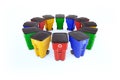 Many color plastic garbage bins with recycling logo.