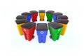 Many color plastic garbage bins with recycling logo.