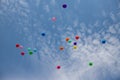 Many colored balloons fly into the blue sky with many white clouds in summer during the party