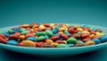 Many colored candies on a blue dish, Close Up Royalty Free Stock Photo