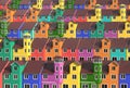 Many colored low-rise houses stand tightly in a row on cascading terraces of rolling hills. Bright multi-colored townhouses. 3D