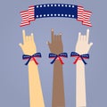Many colored people's hands with USA's flag color ribbons