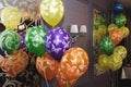 Many colorful balloons with butterflies, decoration in restauran