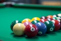 Many colorful billiard balls and cue. Generate Ai