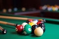 Many colorful billiard balls and cue on green table. Generate Ai