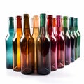 Many colorful bottles of the same shape next to each other on a white