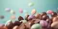 Many colorful candies fall on a turquoise background. Sweets close up. The concept of childhood and holidays. Copy space and free