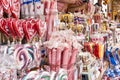 Many colorful candies in a market stall