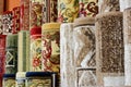 Many colorful carpets in the store. Carpet Rolls Shop Colourful Fabric decoration Royalty Free Stock Photo