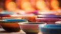 Many colorful ceramic bowls are sitting on a table, AI Royalty Free Stock Photo