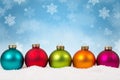 Many colorful Christmas balls baubles background decoration snowflakes winter copyspace Royalty Free Stock Photo