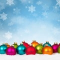 Many colorful Christmas balls baubles background decoration square snowflakes snow copyspace Royalty Free Stock Photo