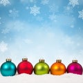 Many colorful Christmas balls baubles background square snowflakes snow copyspace Royalty Free Stock Photo