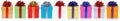 Many colorful christmas presents birthday gifts in a row panorama isolated on a white background Royalty Free Stock Photo